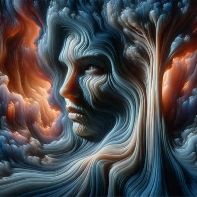 The primary subject of the image is a woman's face, which is the main focus of the image. The setting is a cloudy sky, and the visual style is digital art. The colors and mood of the image are predominantly blue and somewhat moody.